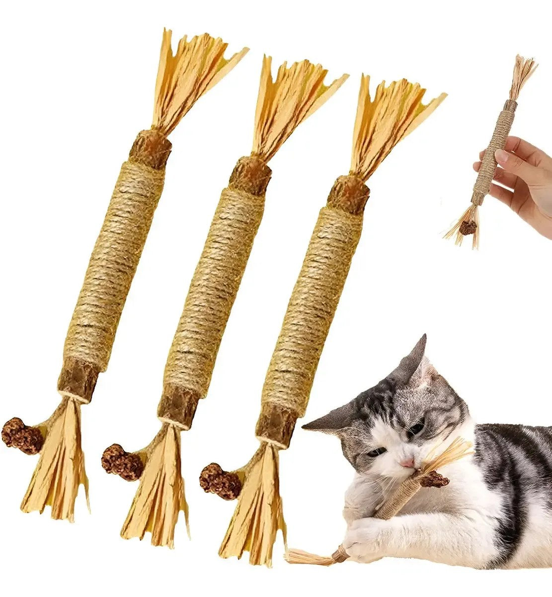 Palitos de matatabi para gato con un gato jugando