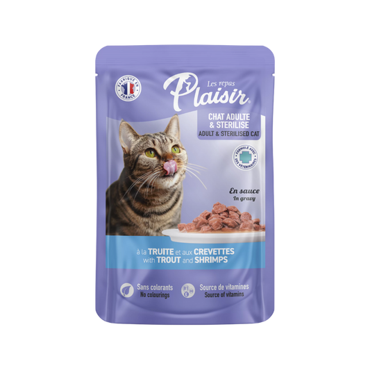 Plaisir Gato Adulto: Alimento húmedo - Trocitos con trucha y camarón en salsa