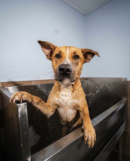 Perro dentro de la tina de baño en la peluquería de Lulutopia en Medellín